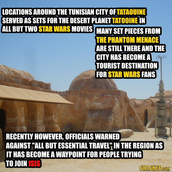LOCATIONS AROUND THE TUNISIAN CITY OF TATAOUINE SERVED AS SETS FOR THE DESERT PLANET TATOOINE IN ALL BUT TWO STAR WARS MOVIES MANY SET PIECES FROM THE