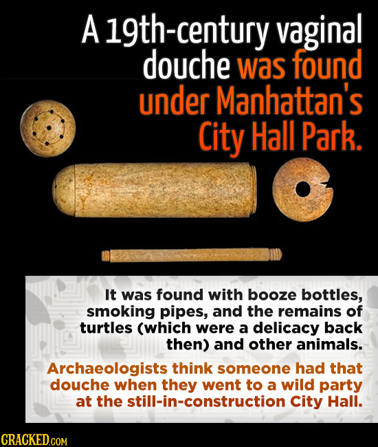 A 19th-century vaginal douche was found under Manhattan's City Hall Park. It was found with booze bottles, smoking pipes, and the remains of turtles (