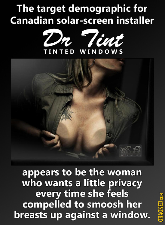 The target demographic for Canadian solar-screen installer Dn Tint TINTED WINDOWS 33031 WO0W OTMIY AT2 A 331 appears to be the woman who wants a littl