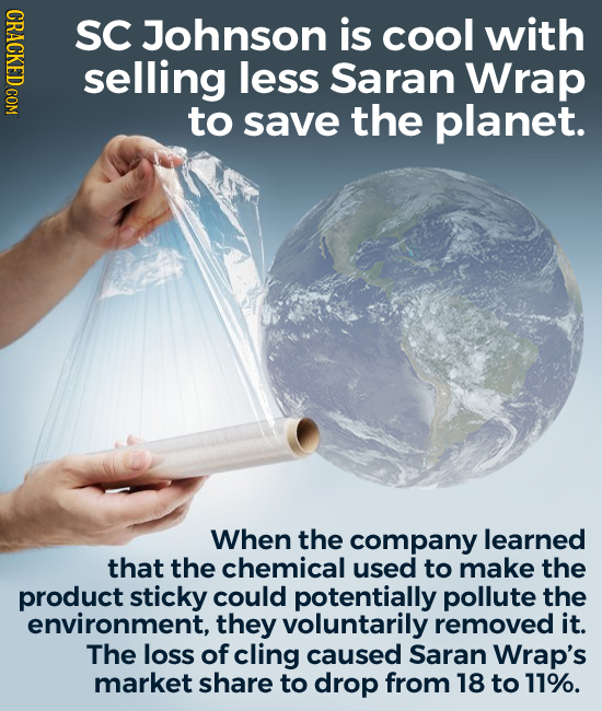 NDAOTT SC Johnson is cool with selling less Saran Wrap to save the planet. When the company learned that the chemical used to make the product sticky