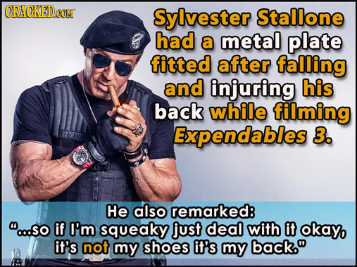 CRACKEDCON Sylvester Stallone had a metal plate fitted after falling and injuring his back while filming Expendables 3. He also remarked: o.so if I'm