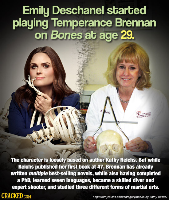 Emily Deschanel started playing Temperance Brennan on Bones at age 29. The character is loosely based on author Kathy Reichs. But while Reichs publish