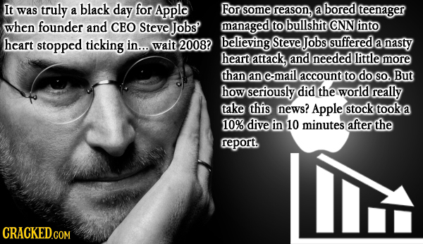 It was truly black day for For a Apple some reason, a bored teenager when founder and CEO Steve Jobs managed to bullshit CNN into heart stopped tickin