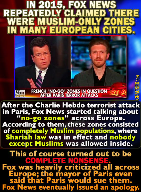 IN 2015, FOX NEWS REPEATEDLY CLAIMED THERE WERE MUSLIM-ONLY ZONES IN MANY EUROPEAN CItiES. FRENCH NO-GO ZONES IN QUESTION SRT A FOX NEWS AFTER PARIS
