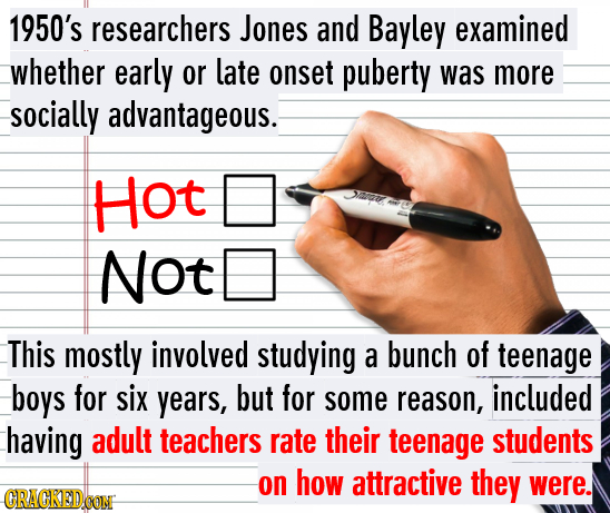1950's researchers Jones and Bayley examined whether early or late onset puberty was more socially advantageous. Hot S Not This mostly involved studyi
