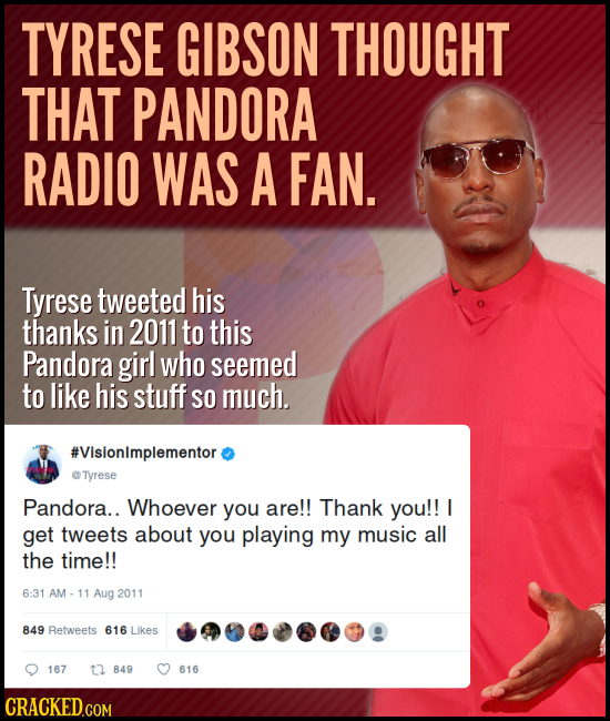 TYRESE GIBSON THOUGHT THAT PANDORA RADIO WAS A FAN. Tyrese tweeted his thanks in 2011 to this Pandora girl who seemed to like his stuff SO much. #Visi