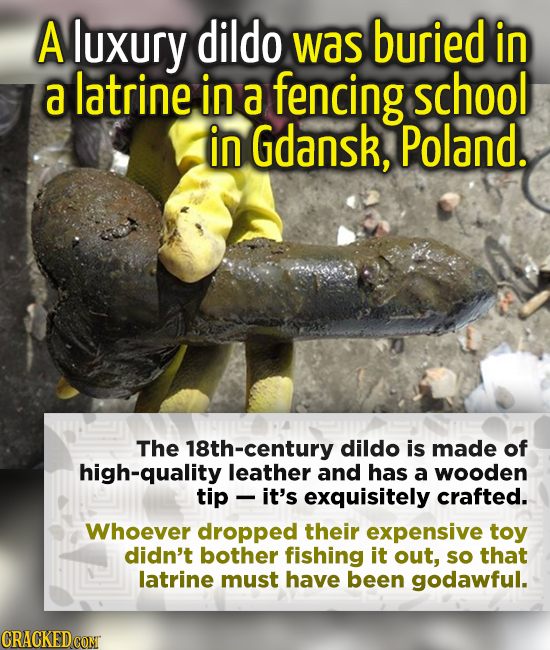 A luxury dildo was buried in a latrine in a fencing school in Gdansk, Poland. The 18th-century dildo is made of high-quality leather and has a wooden