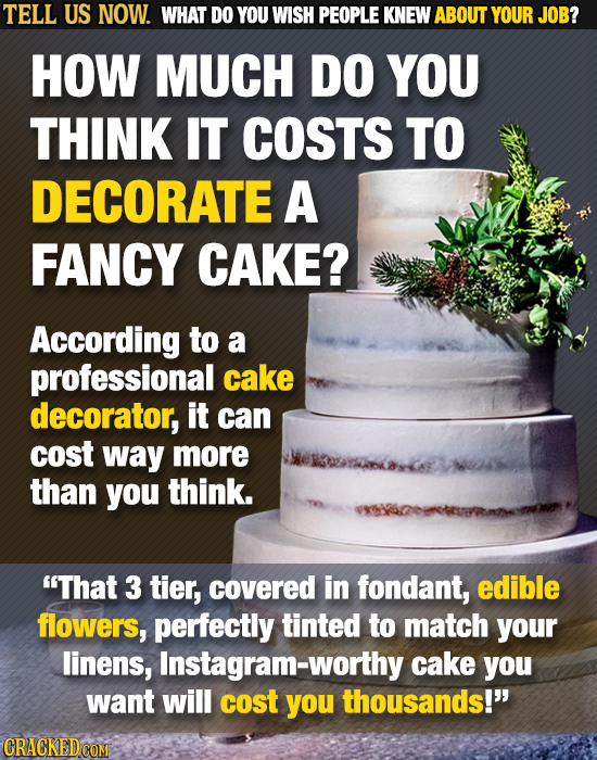 TELL US NOW. WHAT DO YOU WISH PEOPLE KNEW ABOUT YOUR JOB? HOW MUCH DO YOU THINK IT COSTS TO DECORATE A FANCY CAKE? According to a professional cake de