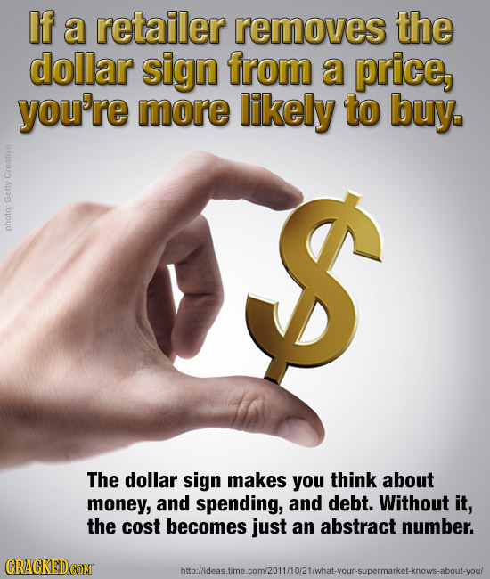 If a retailer removes the dollar sign from a price, you're more likely to buy. Cres Getty photo: The dollar sign makes you think about money, and spen