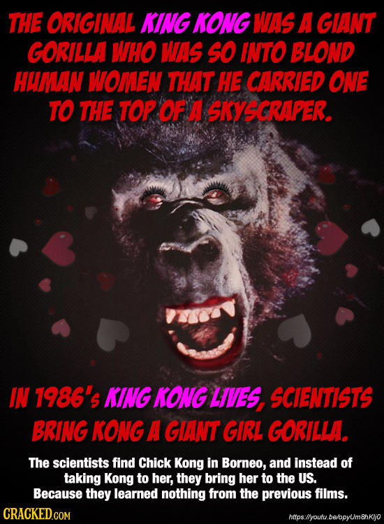 THE ORIGINAL KING KONG WAS A GIANT GORILLA WHO WAS SO INTO BLOND HWMAN WOMEN THAT HE CARRIED ONE TO THE TOP OF A SKYSCRAPER. IN 7986's KING KONG LIVES