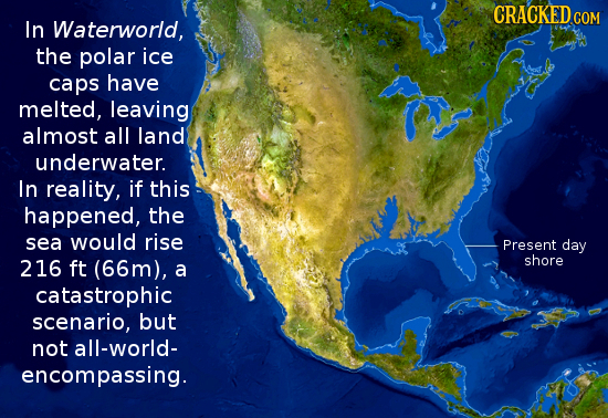 CRACKED COM In Waterworld, the polar ice caps have melted, leaving almost all land underwater. In reality, if this happened, the sea would rise Presen