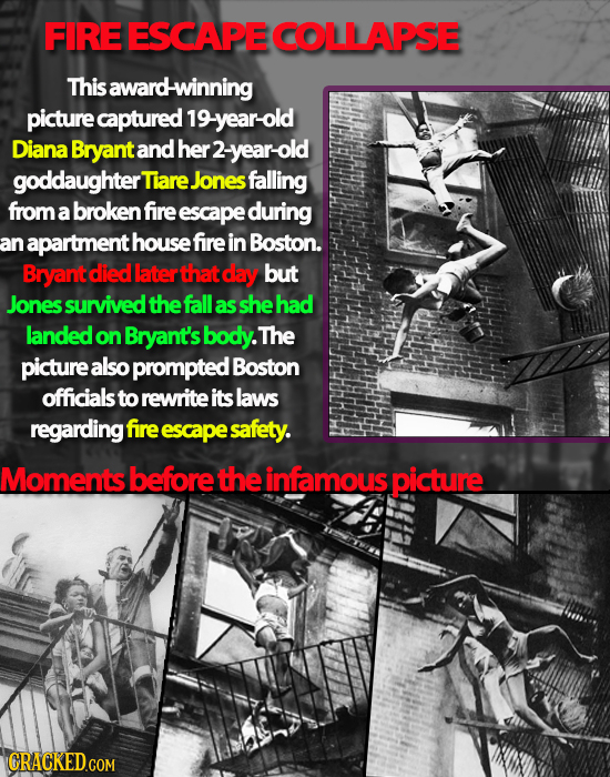FIRE ESCAPE COLLAPSE This award-winning picture captured 19-year-old Diana Bryant and her 2- -year-old goddaughter Tiare Jones falling from a broken f