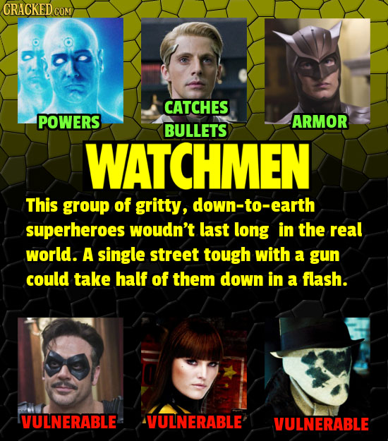 CRACKED CON CATCHES POWERS ARMOR BULLETS WATCHMEN This group of gritty, down-to-earth superheroes woudn't last long in the real world. A single street
