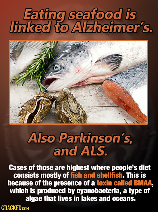 Eating seafood is linked to Alzheimer's. Also Parkinson's, and ALS. Cases of those are highest where people's diet consists mostly of fish and shellfi