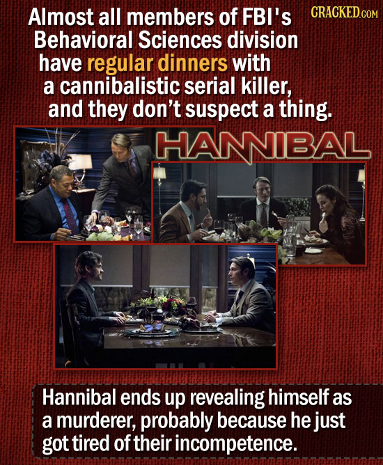 Almost all members of FBI's CRACKED Behavioral Sciences division have regular dinners with a cannibalistic serial killer, and they don't suspect a thi