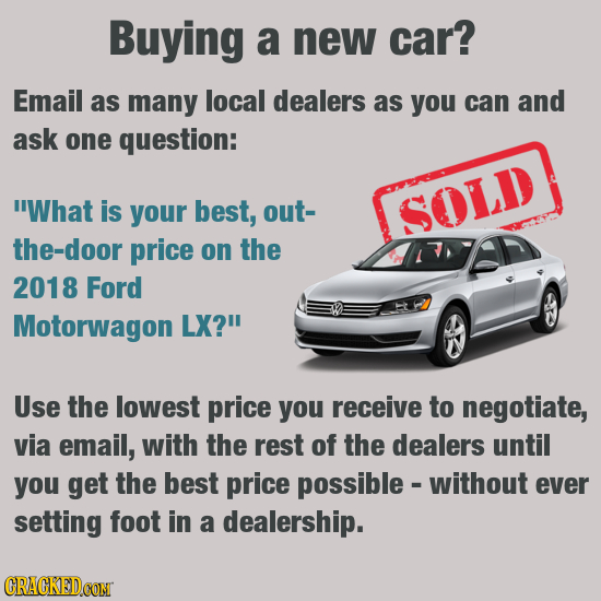 Buying a new car? Email as many local dealers as you can and ask one question: What is your best, out- SOLD the-door price on the 2018 Ford Motorwago