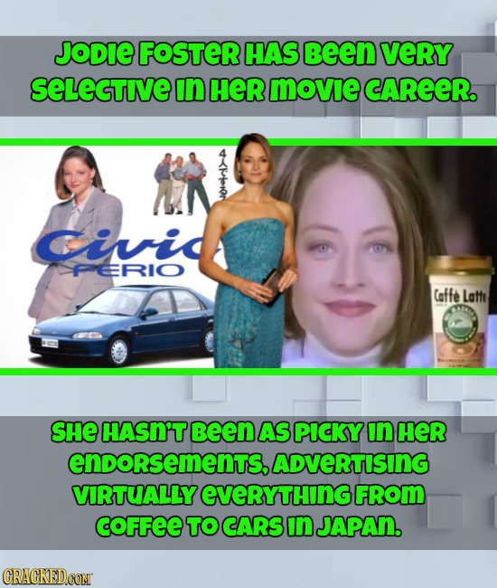 JODIE FOSTER HAS been verY SeLEGtive In HER movie CAREER. Ciid FeeRI Coffe Lotfe SHE HASN'T Been AS PICKY in HER endorsements, ADVERTISING VIRTUALLY E