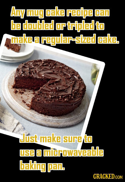 Any mug Cake recipe can be doubled or tripled to make a regular-sized cake. Just make sure to use a microwaveable baking pan. CRaCKEDCoM