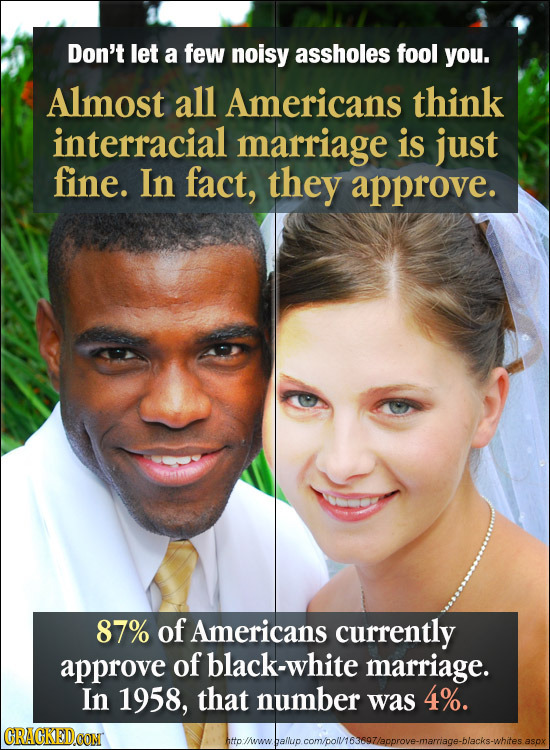 Don't let a few noisy assholes fool you. Almost all Americans think interracial marriage is just fine. In fact, they approve. 87% of Americans current
