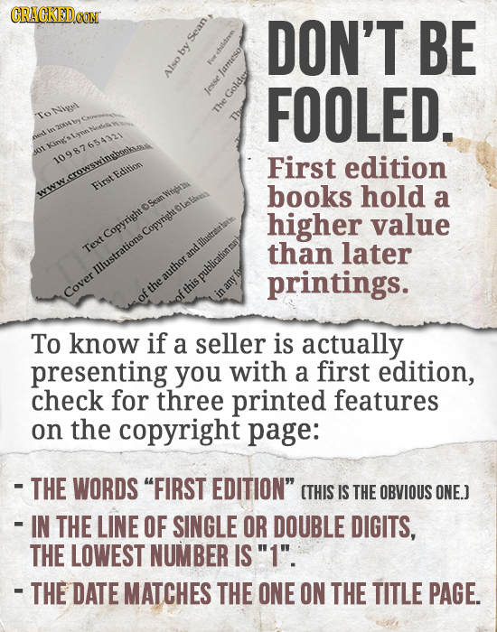 CRACKEDCON DON'T BE sean by Also FOOLED. ToNiel 20 ed 301 10987654321 First edition Edition First books hold a Sean higher value Copyright Copvright o