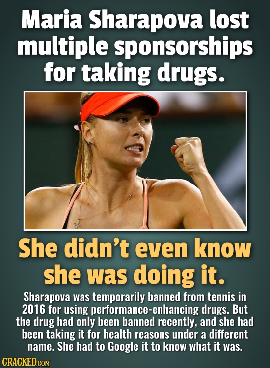 Maria Sharapova lost multiple sponsorships for taking drugs. She didn't even know she was doing it. Sharapova was temporarily banned from tennis in 20