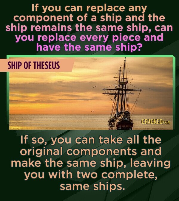 If you can replace any component of a ship and the ship remains the same ship, can you replace every piece and have the same ship? SHIP OF THESEUS CRA