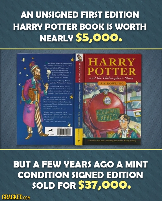 AN UNSIGNED FIRST EDITION HARRY POTTER BOOK IS WORTH NEARLY $5,000. HARRY POTTER and tbe Philoopber' Stone J.K.ROWLING 9L F HOGNARTE EXPRESS Lie BUT A
