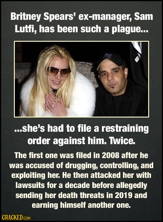 Britney Spears' ex-manager, Sam Lutfi, has been such a plague... ...she's had to file a restraining order against him. Twice. The first one was filed