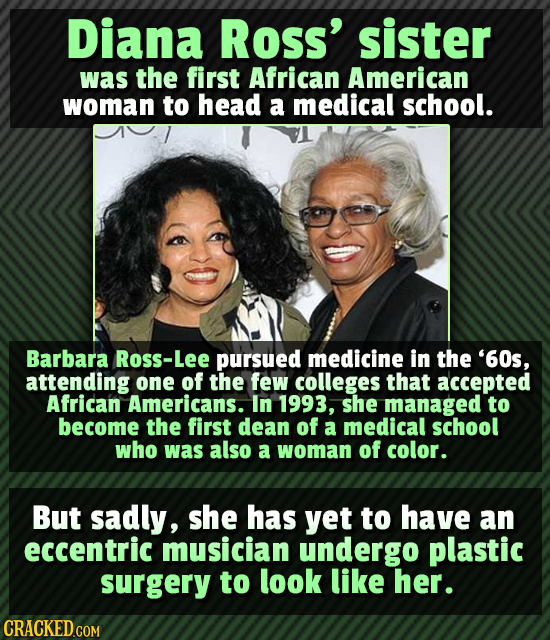 Diana Ross' sister was the first African American woman to head a medical school. Barbara Ross-Lee pursued medicine in the '60s, attending one of the