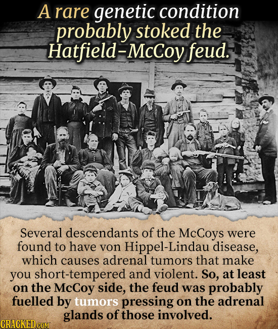 A rare genetic condition probably stoked the Hatfield-McCoy feud. Several descendants of the Coys were found to have yon Hippel-Lindau disease, which