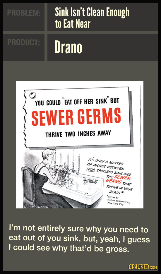 PROBLEM: Sink Isn't Clean Enough to Eat Near PRODUCT: Drano YOU COULD EAT OFF HER SINKBU BUT SEWER GERMS THRIVE TWO INCHES AWAY T's ONLY A MATTER OF