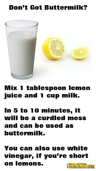 Don't Got Buttermilk? Mix 1 tablespoon lemon juice and 1 cup milk. In 5 to 10 minutes, it will be a curdled mess and can be used as buttermilk. You ca