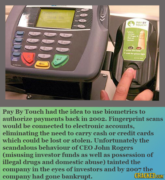 PAY BY TOUCH Ipleee 2AG Conte con 8u 2 3 t ORO Pay By Touch had the idea to use biometrics to authorize payments back in 2002. Fingerprint scans would