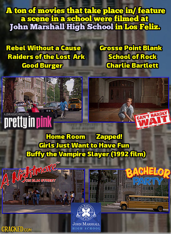 A ton of movies that take place in/ feature a scene in a school were filmed at John Marshall High School in Los Feliz. Rebel Without a Cause Grosse Po