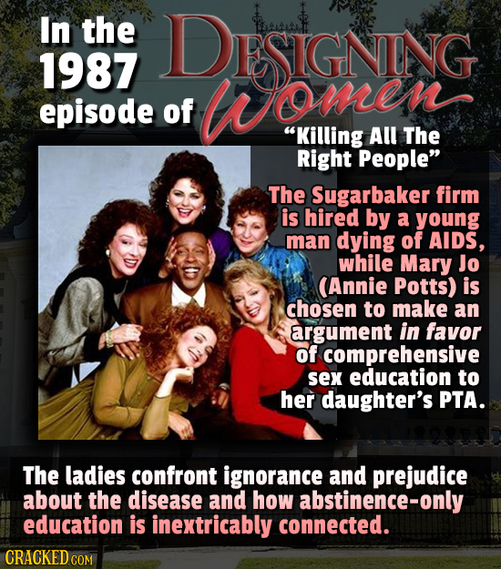 In the DESIGNING 1987 women episode of Killing All The Right People The Sugarbaker firm is hired by a young man dying of AIDS, while Mary Jo (Annie