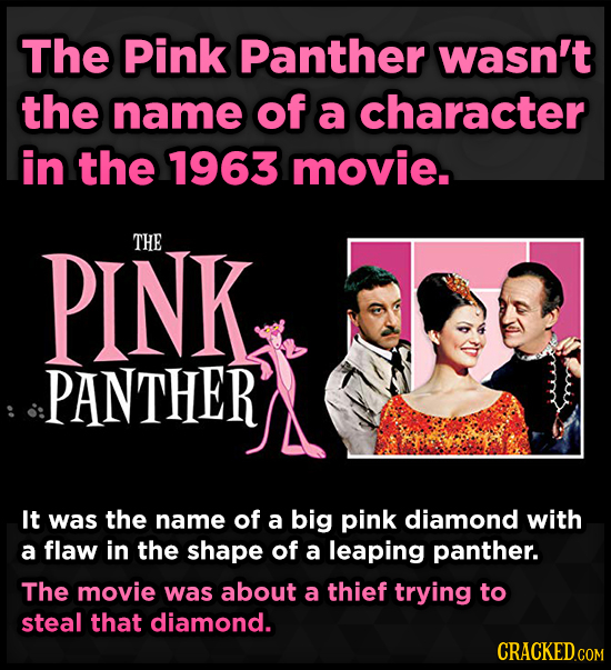 The Pink Panther wasn't the name of a character in the 1963 movie. PINK THE PANTHER It was the name of a big pink diamond with a flaw in the shape of