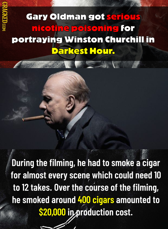 CRACKED.COM Gary Oldman got serious nicotine poisoning for portraying Winston Churchill in Darkest Hour. During the filming, he had to smoke a cigar f