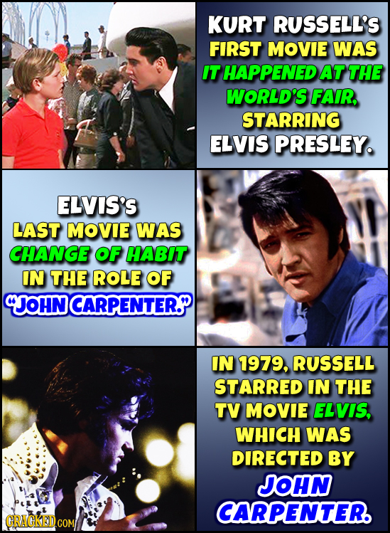 KURT RUSSELL'S FIRST MOVIE WAS IT HAPPENED AT THE WORLD'S FAIR, STARRING ELVIS PRESLEY. ELVIS'S LAST MOVIE WAS CHANGE OF HABIT IN THE ROLE OF CJOHN CA