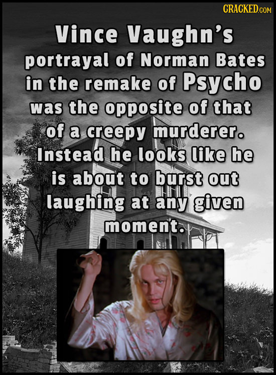 CRACKEDcO Vince Vaughn's portrayal of Norman Bates in the remake of Psycho was the opposite of that of a creepy murderer. Instead he looks like he is