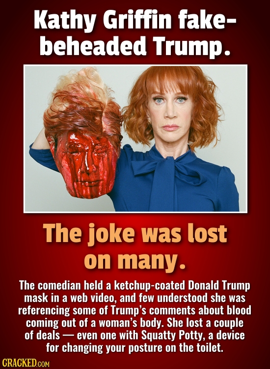 Kathy Griffin fake- beheaded Trump. The joke was lost on many. The comedian held a ketchup-coated Donald Trump Mask in a web video, and few understood