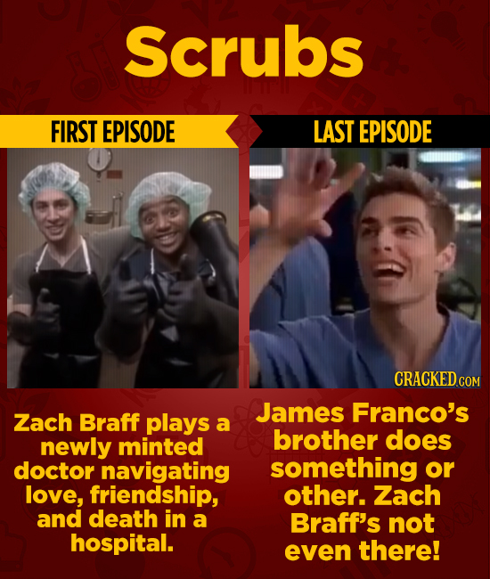 Scrubs FIRST EPISODE LAST EPISODE CRACKEDcO James Franco's Zach Braff plays a brother does newly minted doctor navigating something or love, friendshi