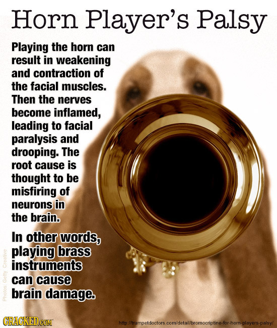 Horn Player's Palsy Playing the horn can result in weakening and contraction of the facial muscles. Then the nerves become inflamed, leading to facial