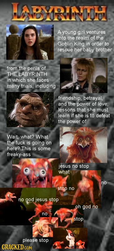 LABYRINTH A young girl ventures into the realm of the Goblin King in order to rescue her baby brother from the perils of THE LABYRINTH in which she fa