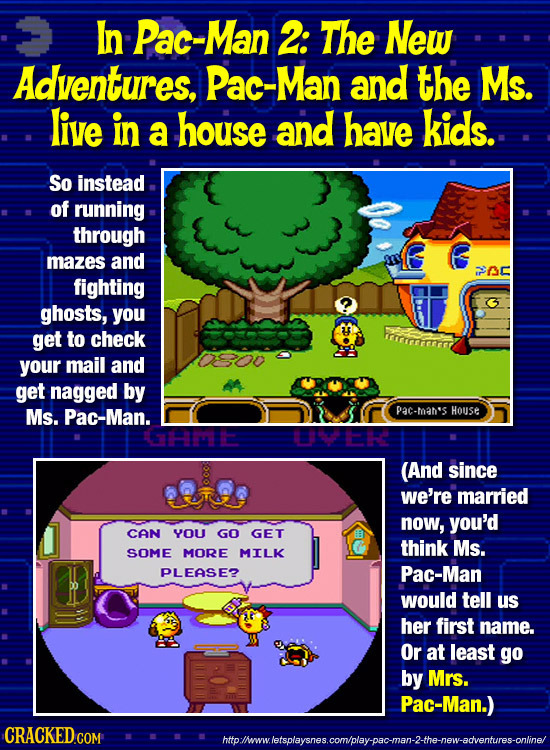In Pac-Man 2: The New Adventures. Pac-Ma and the Ms. live in a house and have kids. So instead of running through mazes and 72 fighting ghosts, you ge