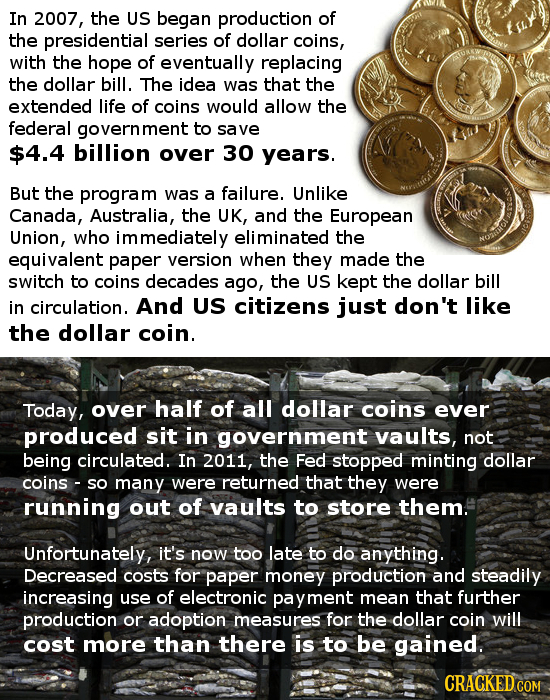 In 2007, the US began production of the presidential series of dollar coins, with the hope of eventually replacing the dollar bill. The idea was that 