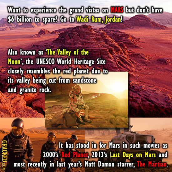 Want to experience the grand vistas on MARS but don't have $6 billion to spare! Go to Wadi Rum, Jordan! Also known as 'The Valley of the Moon', the UN