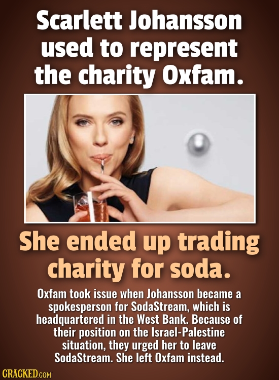 Scarlett Johansson used to represent the charity Oxfam. She ended up trading charity for soda. Oxfam took issue when Johansson became a spokesperson f