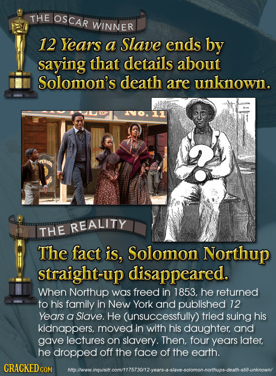 THE OSCAR WINNER 12 Years a Slave ends by saying that details about Solomon's death are unknown. REALITY THE The fact is, Solomon Northup straight-up