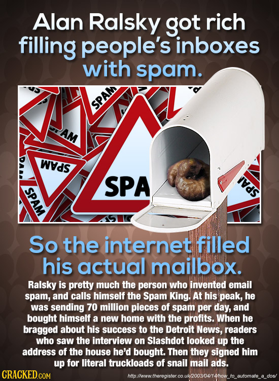 Alan Ralsky got rich filling people's inboxes with spam. SPAM AM WDS SPA SPAM SPAA So the internet filled his actual mailbox. Ralsky is pretty much th