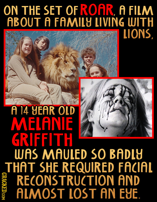 ON THE SET OF ROAR, f FILM ABOUT f FAMILY LIVING WITH LIONS f 14 YEAR OLD MELANIE GRIFFITH WAS MAULED SO BADLY THAT SHE REQUIRED FACIAL RECONSTRUCTION